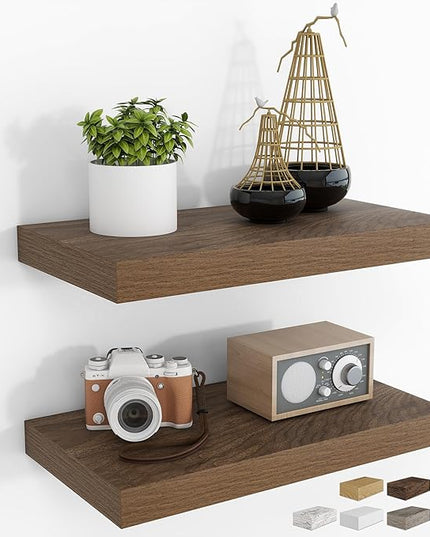 RICHFOCUS 16Inch Floating Shelves for Wall 2 Pack Shelves for Bedroom|Kitchen|Bathroom Wall Mounted Rustic Wood Floating Shelf with Invisible Brackets for Books|Storage|Decor, Walnut