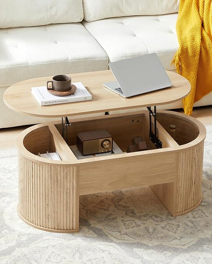 QHITTY Fluted Coffee Table with Lifting Top, Oval Wood Lift Top Coffee Table with Hidden Compartment, Mid Century Pull up Center Tables for Living Room, Office - Natural