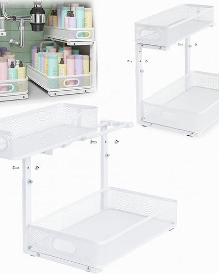 2 Pack Under Sink Organizer, Dual-Layer Pull Out Mesh Cabinet Rack with 5-Level Height Adjustment, Rust-Resistant Sliding Storage for Bathroom & Kitchen, Multi-Purpose 2-Tier Shelf