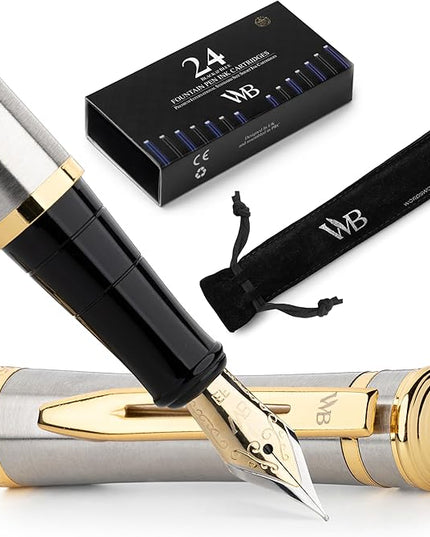 Wordsworth & Black Fountain Pen Set, 18K Gilded Extra Fine Nib, Includes 24 Pack Ink Cartridges, Ink Refill Converter & Gift Pouch, Gold Finish, Calligraphy, [Silver Gold], Perfect for Men & Women