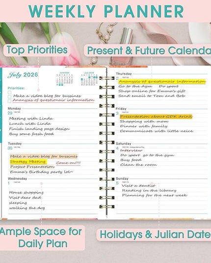 Ymumuda 2026 Planner, Daily Weekly and Monthly Planner，Jan 2026 - Dec 2026, 8.4" x 6.3", 2026 Calendar Planner Book with Tabs, Spiral Notebook with Inner Pocket for Office Home School Supplies