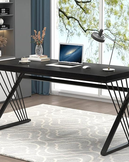 FOLUBAN Black Desk, Modern Wood and Metal Computer Desks for Home Office, Simple Writing Work PC Desk for Bedroom, Industrial Study Gaming Table for Living Room, 60 Inch