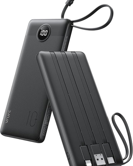 VRURC Portable Charger with Built in Cables, Slim Power Bank 10000mAh, USB C Battery Pack Travel Essential, 5 Outputs 2 Inputs Phone Charging Bank for iPhone 16 15 14 13,Samsung,Android-Black(1 Pack)