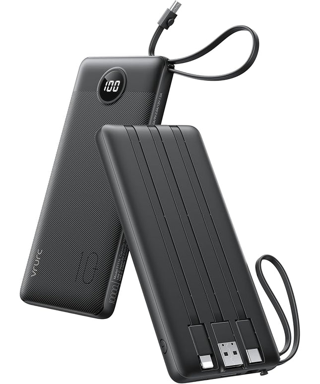 VRURC Portable Charger with Built in Cables, Slim Power Bank 10000mAh, USB C Battery Pack Travel Essential, 5 Outputs 2 Inputs Phone Charging Bank for iPhone 16 15 14 13,Samsung,Android-Black(1 Pack)