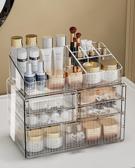 ZHIAI Stackable Organizer, Acrylic Cosmetic Organizer for Dresser, Vanity, Kitchen Cabinet, Bathroom, Under Sink, Home Organization and Storage (1 Top 5 Drawers)