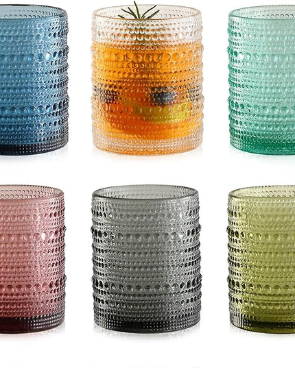 Colored Hobnail Drinking Glasses Set of 6,12oz Vintage Kitchen Glassware,Embossed Beaded Glass Cups,Water Tumbler for Cocktail,Juice and Various Mixed Drinks