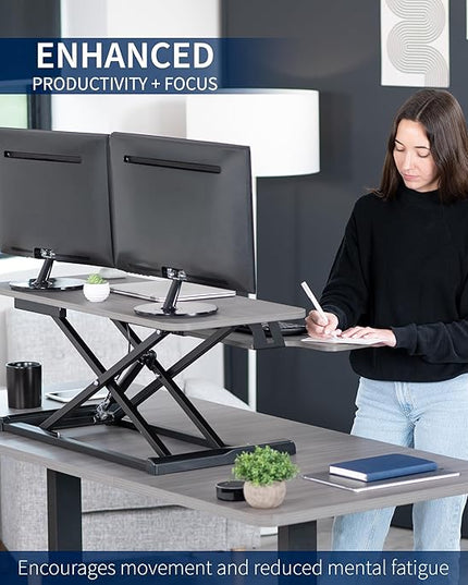 VIVO 36 inch Desk Converter, K Series, Height Adjustable Sit to Stand Riser, Dual Monitor and Laptop Workstation with Wide Keyboard Tray, Gray Top, Black Frame, DESK-V036KG