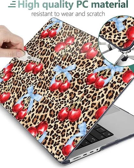 DONGKE Case for M5 MacBook Pro 14 inch 2025 2024-2021 M4 M3 M2 M1, Plastic Hard Shell Cover Compatible with A3434 A3112 A3401 A3185 A2992 A2779 A2442, Retina XDR Display & Touch ID, Leopard Cherries