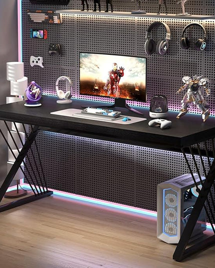 FOLUBAN Black Desk, Modern Wood and Metal Computer Desks for Home Office, Simple Writing Work PC Desk for Bedroom, Industrial Study Gaming Table for Living Room, 60 Inch