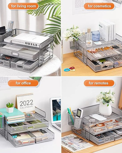 Marbrasse 3 Tier Mesh Desk Organizer with Drawer, Multi-Functional Desk Organizers and Accessories, Paper Letter Organizer with 2 Pen Holder for Home Office Supplies (Silver)