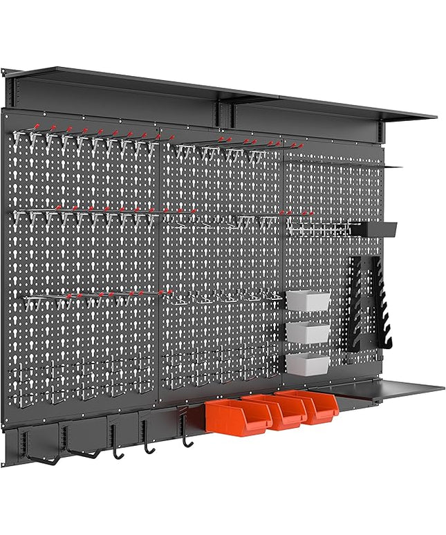 WALMANN 113 PCS Pegboard Wall Organizer Kit with Pegboard Hooks, Bins, Shelves, Pegboard Tools Storage System for Garage, Workbench, Modular Peg Board Tool Organizer Board with Hooks(Black)