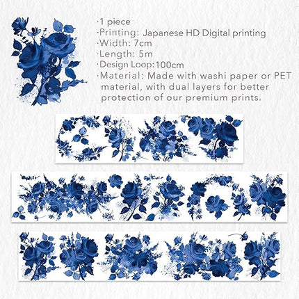 WT Cobalt Blue Wide PET Tape, Single Roll, Original Designs, Floral Decors, Transparent Clear Adhesive, Junk Journal Scrapbook Bujo Planner DIY Craft Supplies Gifts, Watercolor Flower