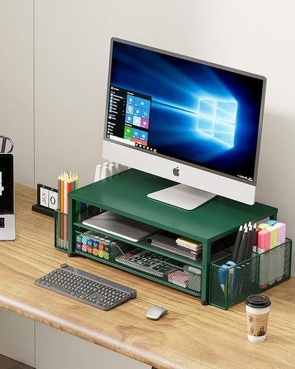 OPNICE Desk Organizers and Accessories, 2-Tier Computer Monitor Stand Riser with Drawer and 2 Pen Holders, Laptop Stand, Office Desk Accessories for Office Supplies, Dark Green