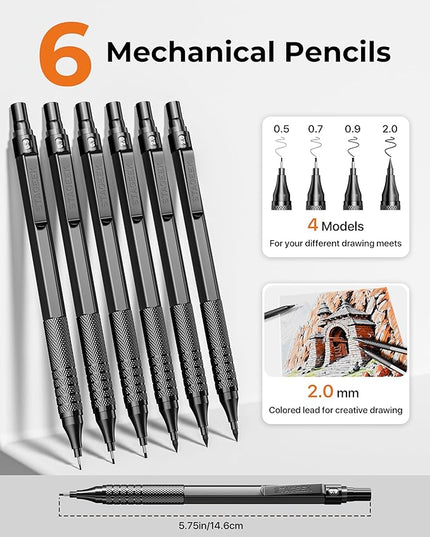 30PCS Black Metal Mechanical Pencil Set in Leather Case, 0.5/0.7/0.9/2.0mm Art Drafting Pencils with 16 Tubes Graphite Leads (6B 4B 2B HB 2H 4H) & Colored Refills for Sketching, Drawing, Writing
