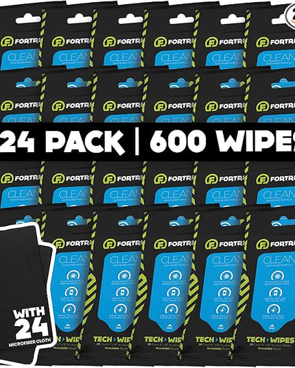 Fortress Electronic Wipes With Microfiber Cloth (25 ct, Pack of 24) To-Go Tech Wipes for Screens, Phones, Keyboards, TV Monitors, Computer Screens, and More [Travel Size] Skin-Safe