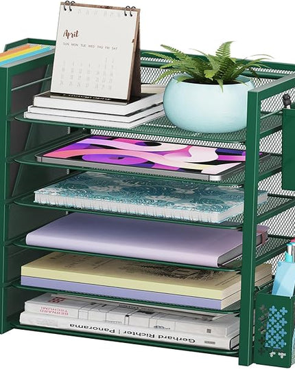 Simple Trending 6 Tier Desk File Organizer, Paper Letter Tray Organizer with File Holder and Pen Container, Green