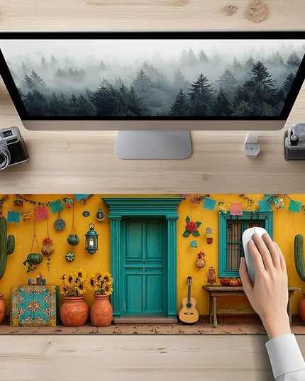 Mouse Pad Gaming Mousepad 31.5 x 11.8 Inch Mexican Courtyard Floral Artwork Diatomite Large Keyboard Desktop Mat XL Mouse Pad for Home and Office Desk Accessories