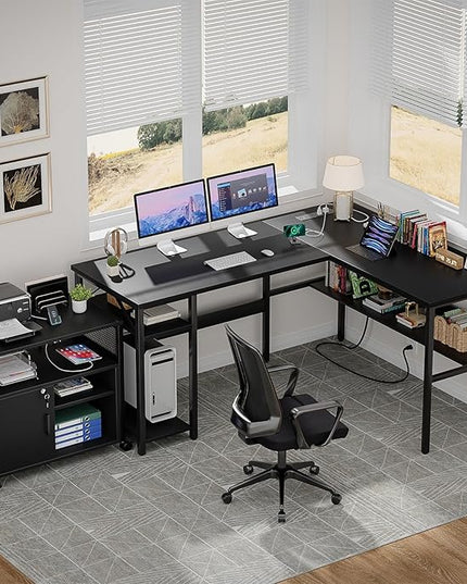 Unikito Reversible L Shaped Desk with Magic Power Outlets and USB Charging Ports, Sturdy Corner Computer Desk with Storage Shelves, Gaming Table Home Office Desk, Easy to Assemble, Black