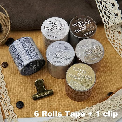 AuriicLeaf Fabric-Patterned Washi Sticker Set, 6 Rolls Vintage Stickers for Scrapbooking, Journaling, DIY Crafts, and Decorative Wrapping