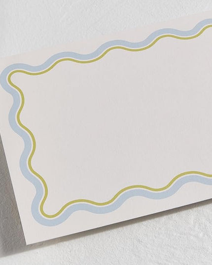 Minted Squiggled Stationery Set, Set of 10, Flat Note Cards & Envelopes for Invitiations and Handwritten Thank You Messages, Pale Blue & Chartreuse Border, Gifts for Men and Women, Luxurious Paper
