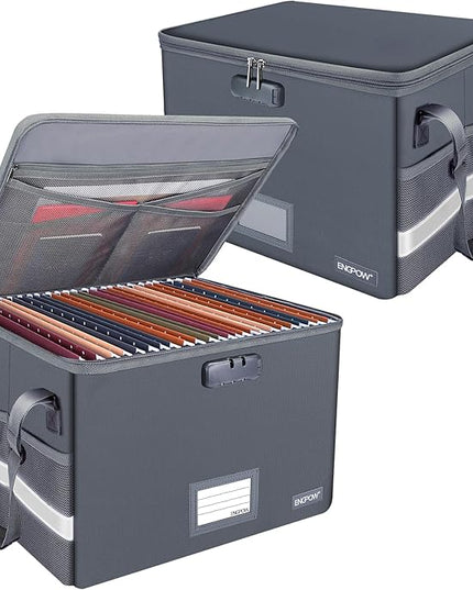 ENGPOW File Box with Lock, Fireproof Document Box with Pockets, Collapsible File Organizer Filing Storage Cabinet with Handle, Portable Home Office Safe for Hanging Letter/Legal Folders,Gray,2 Pack