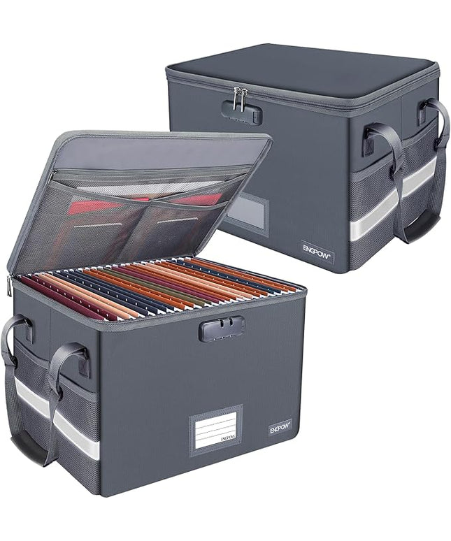ENGPOW File Box with Lock, Fireproof Document Box with Pockets, Collapsible File Organizer Filing Storage Cabinet with Handle, Portable Home Office Safe for Hanging Letter/Legal Folders,Gray,2 Pack
