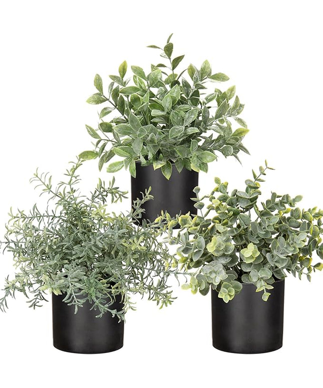 3 Pack Small Fake Plants for Shelf Decor Accents with Plastic Black Pot Artificial Potted Plants for Rustic Farmhouse Decor Faux Plants Indoor Fake Potted Plants Artificial for Home Office Decor