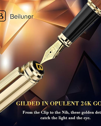 BEILUNER 316 Fountain Pen,Stunning Luxury Rosewood,24K Gilded Nib(Fine),Gorgeous 24K Gold Finish, Ink Converter,Nice Gift for Men&Women-Elegant,Executive,Christmas Pens for Writing