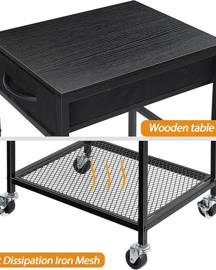 YBING PC Stand 2 Tier Computer Tower Stand with Drawer Mobile Computer Cart with Storage Metal CPU Holder on Wheels Pc Tower Stand Black Rolling Computer Tower Stand Floor for Office