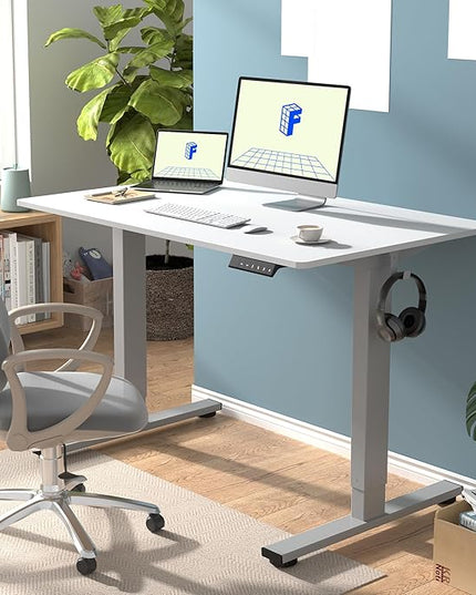 FLEXISPOT EN1 One-Piece Electric Standing Desk 48 x 24 Inches Seamless Seamless Desktop Height Adjustable Desk Stand Up Desks for Home Office (Silver Frame + White Top, 2 Packages)
