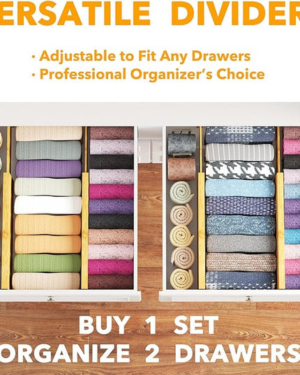 SpaceAid Bamboo 4 Pack Dresser Drawer Dividers, 4.65“ High Adjustable 12.5“-17” Drawer Organizers, Expandable Organization for Clothing, Clothes, Dressers, Natural