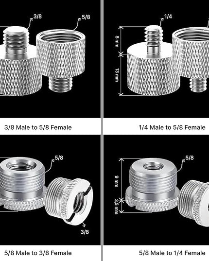 IXTECH Mic Stand Adapter Set - 8pcs Metal Tripod Adapter - 5/8" to "3/8" & "1/4" Male/Female Threads - ADP01 Silver