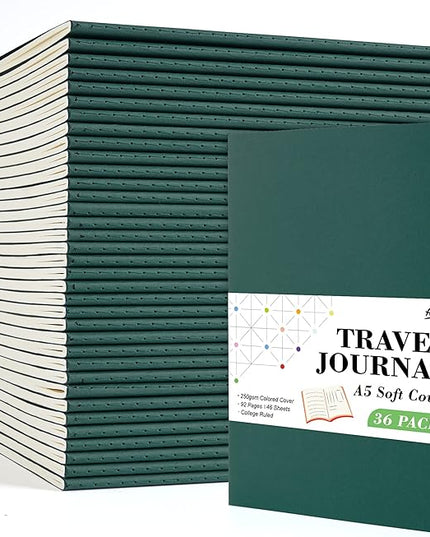36 Pack Soft Cover Journal Bulk, Feela Lined Blank Travel Journal for Women Men Writing, Notebooks College Ruled for Work, Note Taking Notebook School Business Supplies, 8.2” x 5.5”, A5, Dark Green
