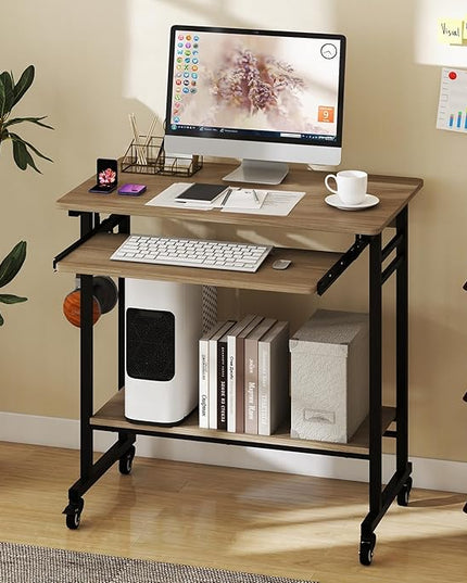 Tangkula Rolling Computer Desk Cart with Keyboard Tray, Mobile Portable Laptop PC Desk with CPU Stand & 3 Hooks for Sofa & Bed, Industrial Small Desk on Wheels for Small Spaces (Grey)