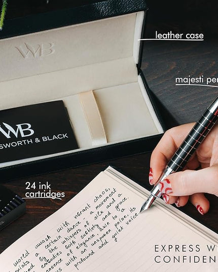 Wordsworth & Black Majesti Fountain Pen-(Checked), Luxury Case, Chrome Finish; Fine Nib- Ink Cartridges, Refillable Ink Converter-Calligraphy Pen-Best Business Gift Set for Men & Women