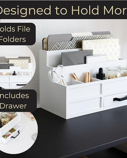 BLU MONACO | White Desktop Organizer with Drawer Storage | Tabletop Organizer with Drawers for Paper Bills Mail | Wooden Mail Organizer for Countertop Workspace | with Drawer, Bill