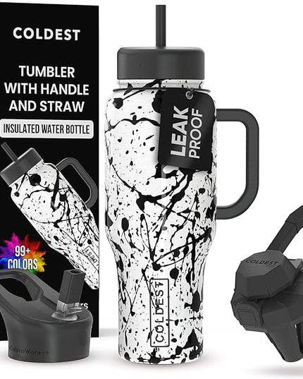 Coldest Tumbler with Handle and Straw - 100% Leak Proof Insulated Tumbler with Lid and Straw (3 Lids) - Stainless Steel Tumblers for Women & Men - Cup Holder Friendly Base, 36 oz (Dark Matter)