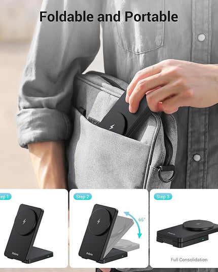 Folding Wireless Charging Stand, Magnetic 15W Fast Charging Station Mag-Safe Travel Lightweight Charger Compatible for iPhone 17/16/16 Pro/16 Pro Max/16 Plus/15/14/13/12 Series, AirPods 4/3
