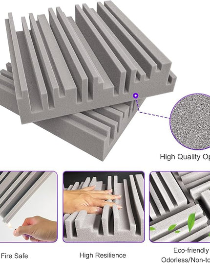 TroyStudio Self-adhesive Acoustic Foam Panels, 12 X 12 X 2 Inches 18 Pcs Broadband Sound Absorbing Foam, Dense Soundproof Padding Tile, Recording Studio Foam Absorber, Groove Decorative Wall Panel