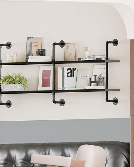 Industrial Pipe Shelf Shelving Bookcase, Wall Mounted Rustic Bookshelf, Floating Bookshelves for Wall,Retro Wood Metal Pipe Industrial Shelves for Living Room