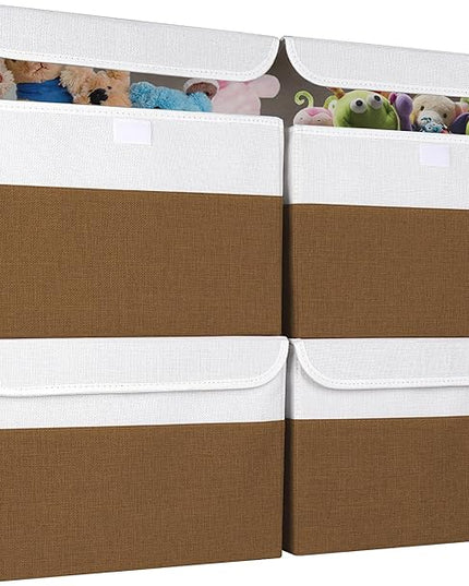 Large 22 Quart Linen Fabric Foldable Storage Bin Cube Organizer Basket with Flip-Top Lid & Handles, Clothes Blanket Box for Home, Office, Closet, Brown & White, 4 Pack 14.6 x 9.5 x 9.5