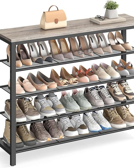 VASAGLE INDESTIC Shoe Rack, Organizer for Closet with 4 Mesh Shelves and Large Top for Bags, Entryway Hallway Shelf, Steel Frame, Industrial, Greige and Black ULBS015B02, 11.8 x 39.4 x 36.4 Inches