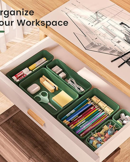 A-LuGei 【𝟮𝟴𝗣𝗖𝗦】 【𝟱𝗦𝗶𝘇𝗲】 ArmyGreen Drawer Organizer, Makeup organizer, 【Holds 177 Items】 Bathroom Organizers and Storage, Plastic Desk Organizer Divider, Organizer Bins for Office Vanity