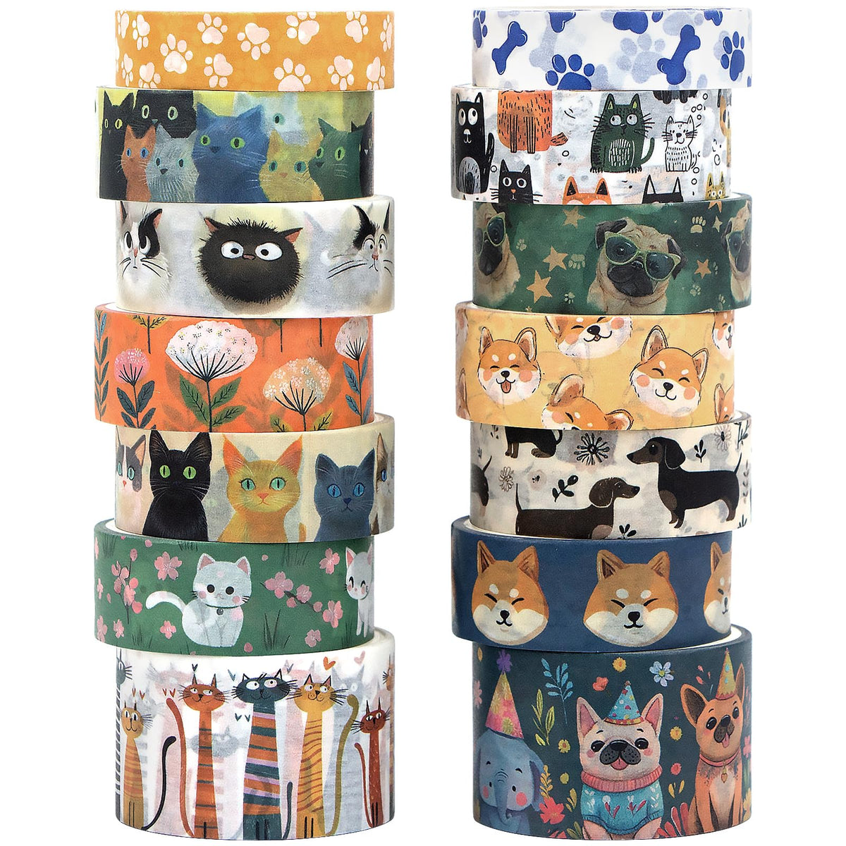 KOVANO Washi Tape Set 14 Rolls, Cute Animal Decorative Tape, Cats Puppies Pugs Designs Washi Tapes for Scrapbooking Supplies, Journaling Supplies, Crafts