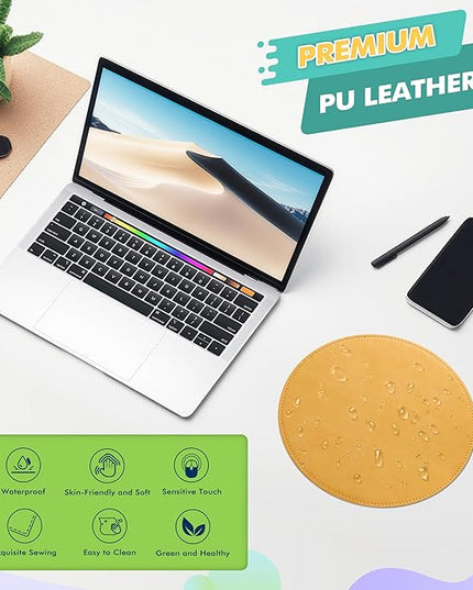 Mouse Pad，Round Mouse Pad，PU Mouse Pad，Leather Mouse Pad with Stitched Edge Micro-Fiber Base with Non-Slip Waterproof，Mouse Pad for Computers，Laptop，9 x 9 Inch (Light Yellow)