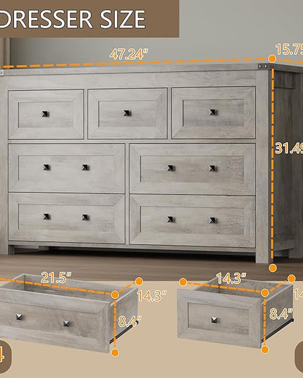 BORNOON 7-Drawer Dresser, Modern Wooden Storage Chest of Drawers, Dresser TV Stand, Wood Drawer Organizer with Metal Handles for Bedroom, Living Room, Hallway