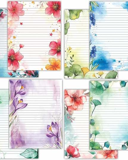 PARTH IMPEX 56 Sheets Watercolor Floral Lined Writing Paper 8.5x11 - Letter Size Ruled Stationery Letterhead Printer Paper - 120gsm Thick Decorative scrapbooking Colored Antique Aged Flowers Design