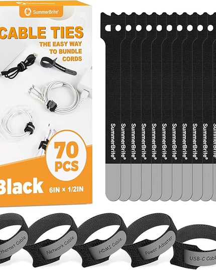 70 Pack Black Cable Ties 6 Inch with Writable Labels, Reusable Cable Management Straps, Hook and Loop Cord Organizer for Home Office, PC Desk Setup, Electronics & Travel Wire Management