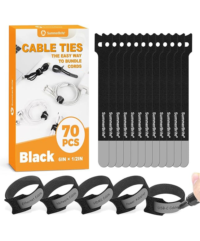 70 Pack Black Cable Ties 6 Inch with Writable Labels, Reusable Cable Management Straps, Hook and Loop Cord Organizer for Home Office, PC Desk Setup, Electronics & Travel Wire Management