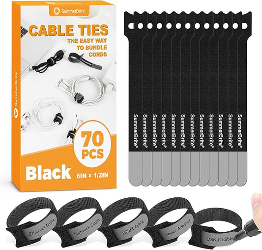 70 Pack Black Cable Ties 6 Inch with Writable Labels, Reusable Cable Management Straps, Hook and Loop Cord Organizer for Home Office, PC Desk Setup, Electronics & Travel Wire Management